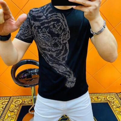 New Hot Drilling Fashion 3D Tiger Rhinestones Summer Luxury Men Black T-Shirt