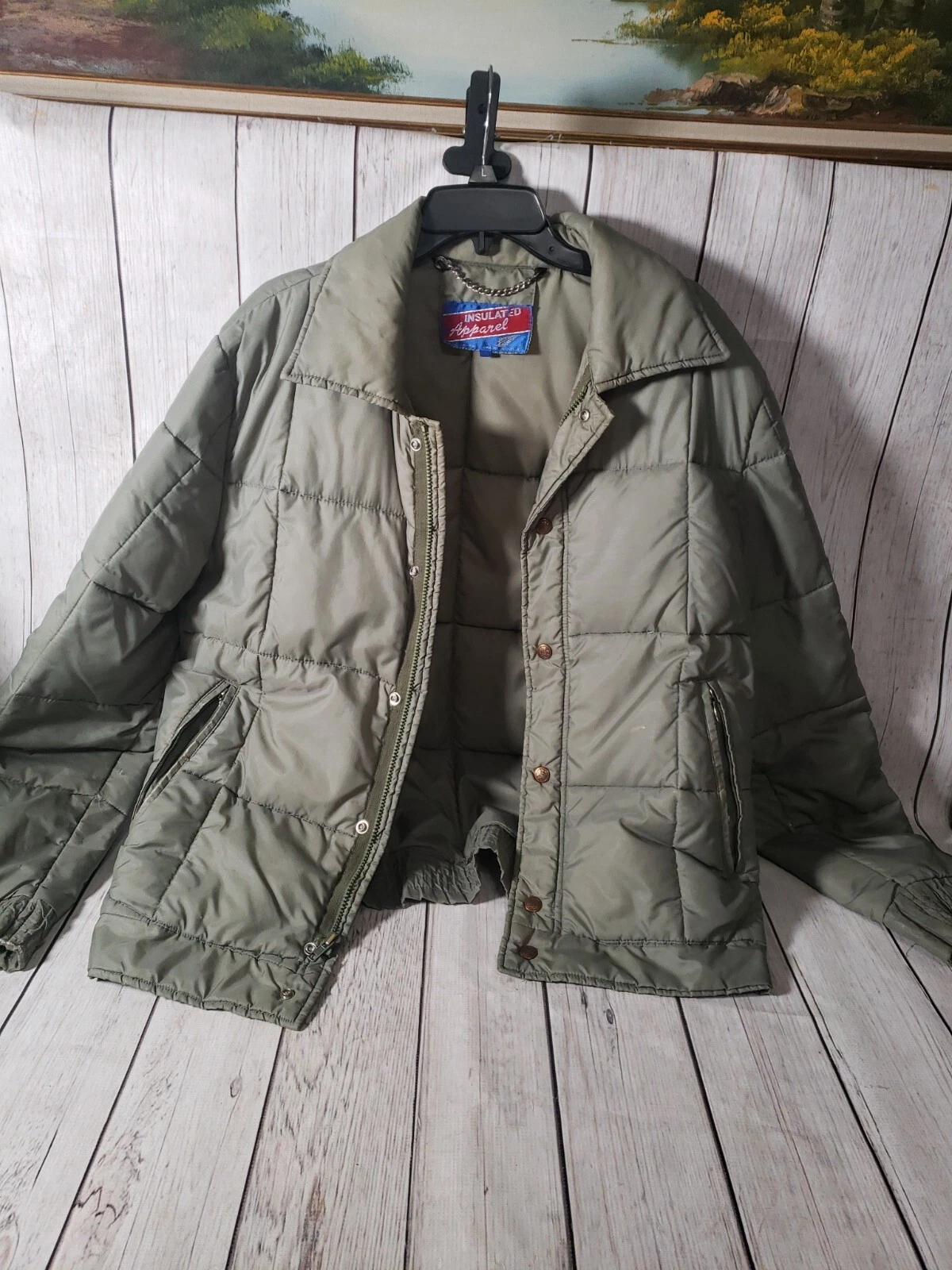 Vintage Bomber Jacket Mens Large Green Puffer Down Insulated Apparel RARE