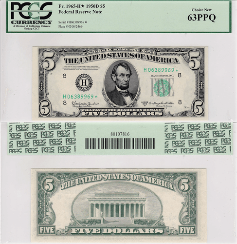 1950-D $5 Federal Reserve Note St. Louis District Star FR 1965-H* PCGS 63PPQ - Picture 1 of 5