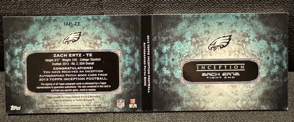 Folleto de parche Jumbo Topps Inception 2013 Zach Ertz automático novato 3/5 Foto 2 de 4