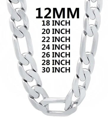 Solid 925 Sterling Silver Necklace For Men Classic 12mm Cuban Chain