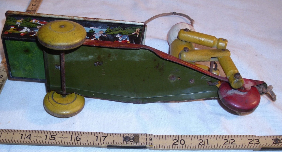 PETE HUSTLER TOY MAN DRIVING TIN CART CAR WOOD PULL TOY 1930s | eBay