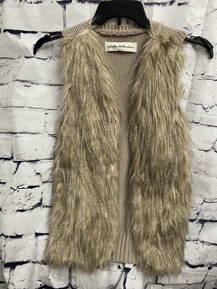 SEBBY COLLECTION TAN WOMEN'S FAUX FUR KNIT OPEN VEST JACKET SZ S PRE-OWNED