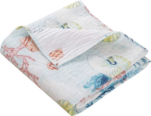 SARASOTA BLUE SEA SHELL 3pc Full Queen QUILT SET : COASTAL BEACH OCEAN SEAHORSE - Picture 3 of 5