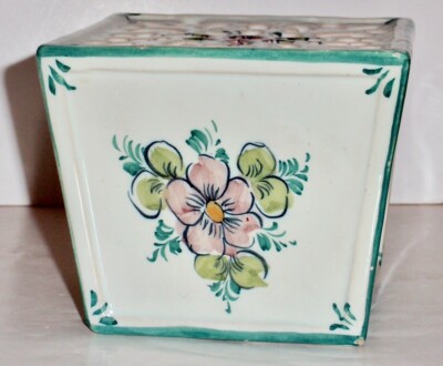 Vintage Flower Frog Square Vase Hand Painted, Signed E.P.L.