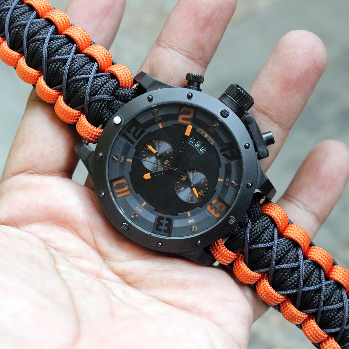 Black Orange Paracord Watch Band With Buckle Lug Size 20mm 22mm