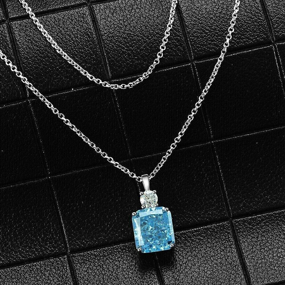 Radiant Lab Created Blue Topaz Women's Pendant Necklace 14K White