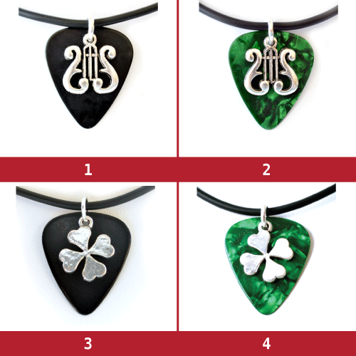 Lucky Clover & Harp Symbol Charm Guitar Pick Necklace--Various Colors, Design - Picture 1 of 7