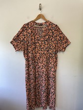 M&S Leopard Print Midi Dress Size 24 Orange Mix Tiered Short Sleeve V Neck