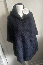 By Swan Cable Knit Poncho Cape Navy Chunky Knit Buckle Collar One Size Wrap New