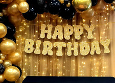 Happy Birthday Banner Glitter Gold 10ft Pre-Strung Party Sign Birthday Decor