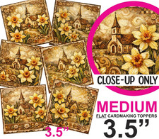 Vintage Church+Daffodils Easter Card Toppers Cardmaking Tags Scrapbooking 3.5"