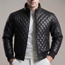 Men  s Quilted Leather Bomber Jacket Genuine Lambskin Biker Cafe Racer - Black