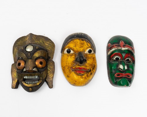 Trio of Hand Carved & Painted Mexican Wood Masks Metal, Faces, Carved Folk Art