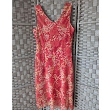 Vtg 90s Midi Dress Red Floral Mesh Sleeveless V-Neck Sz 16 Lettuce Hem Tropical