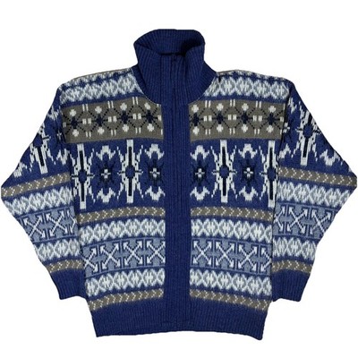 VTG 80s Clipper Mist Full Zip Nordic Sweater Men's L Blue Fair Isle USA Made