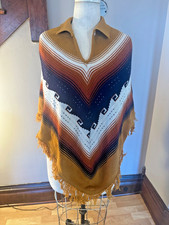 Vintage Southwestern Knit Poncho Sweater Fringe Hem Collared Serape Boho Western