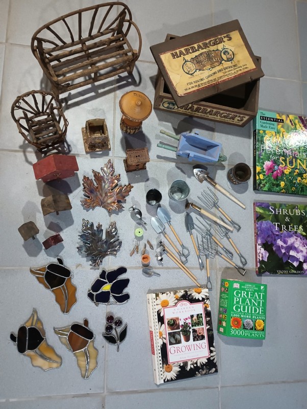 Garden Nature Theme Junk Drawer Lot Books Birdhouses Min Tools Wood Crafts