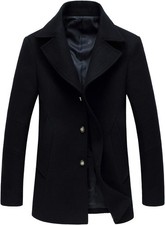 Mens Wool Blend Pea Coat Double Breasted Notched Collar Winter Overcoat