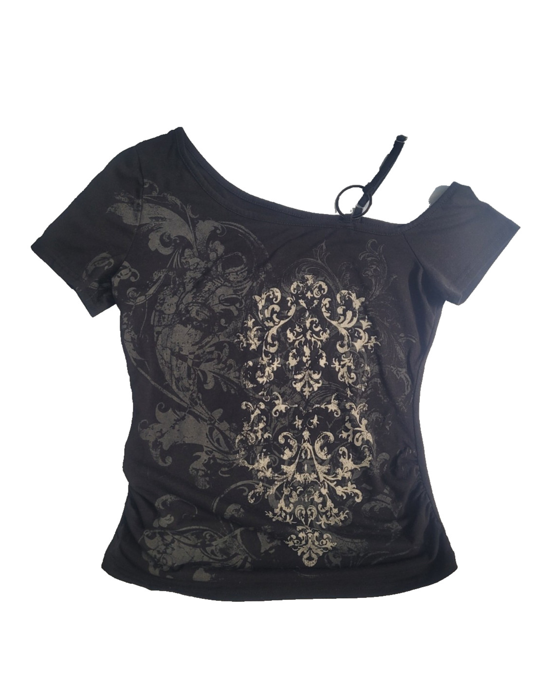 Romwe Graphic Print One Off The Shoulder Top Size M Black Grunge Emo Goth