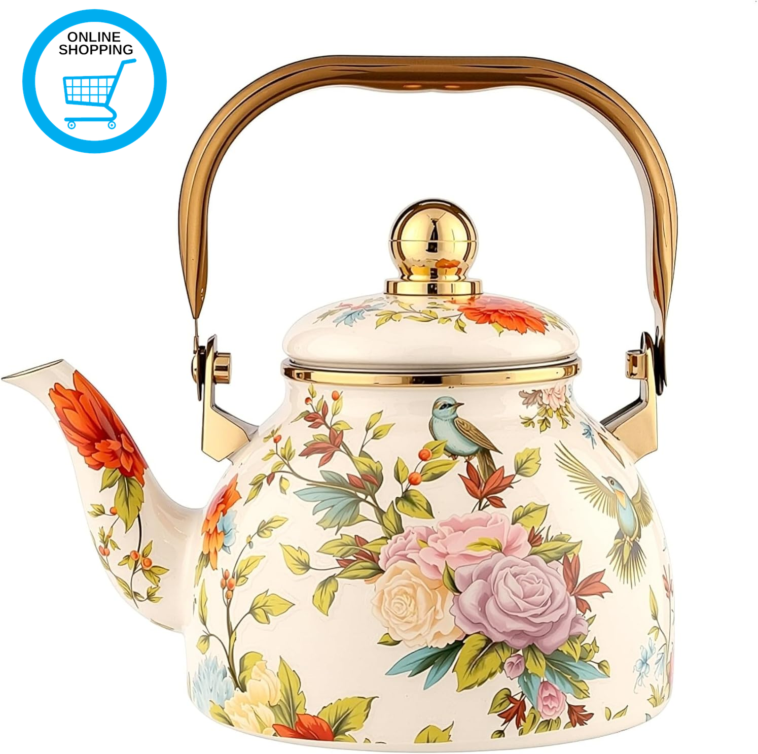 Vintage Floral Enamel Tea Kettle 1.2L Stovetop Teapot with Removable Infuser Ret