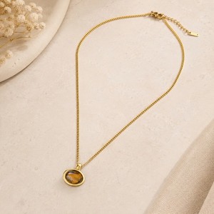 Authentic 18k Real Gold Plated Tone Necklace with Oval Tiger Eye Stone Pendant non tarnish