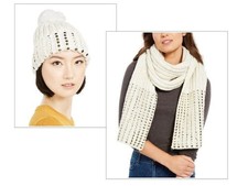 DKNY Flat-Stud Metallic Rib-Knit Scarf and Beanie Combo Ivory/Gold