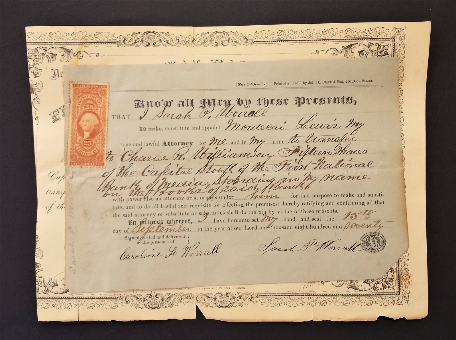 1870 Antique First National Bank Media Pa Stock Share Certificate Revenue Stamp