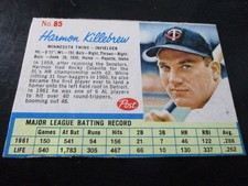 HARMON KILLEBREW     (minnesota twins - 1b)    1962  POST  CARD #85  mint