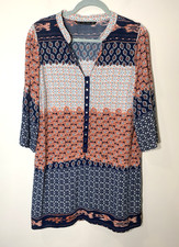 Zara Mini Dress Womens Small Blue Peach Geo Print 3/4 Sleeve Tunic Gold Buttons