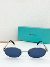 Tiffany Co. Oval Sunglasses Women Silver Metal Frame Knot Rhinestone Blue Lens