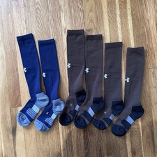 Under Armour Over The Calf Socks Kids 3 Pair Lot Soccer Baseball Navy Brown NWOT