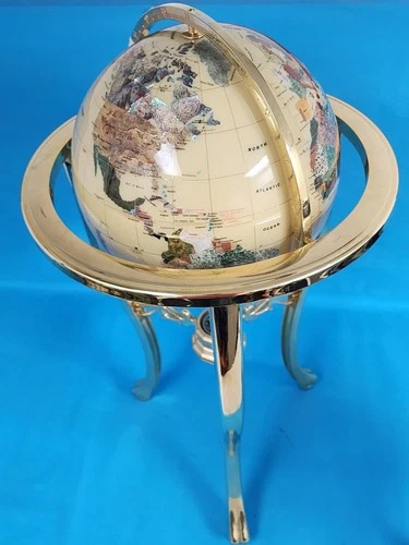 World Globe of Minerals & Semi Precious Gemstones with Compass in Brass Stand