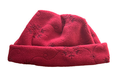PUFFIN SCHUESSLER RED SNOWFLAKE FLEECE CUFFED CLAM BEANIE KNIT HAT WOMEN'S OS