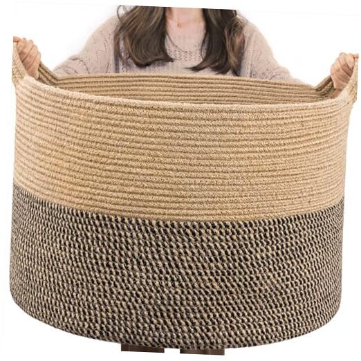 Extra Large Woven Baskets for Storage, 21.7 x 13.8 Blanket Basket Black & Jute