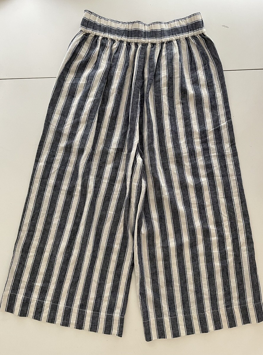 Madewell Huston Pull On Wide Crop Pants Blue Stripe Linen Blend Size S