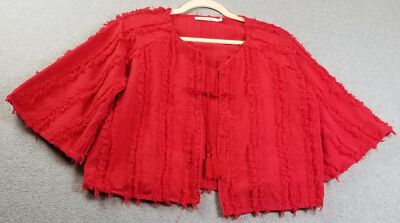 ELLISON Jacket Womens Medium Red ¾ Sleeve Open Front Fringe Tassels Tie Crop Fun
