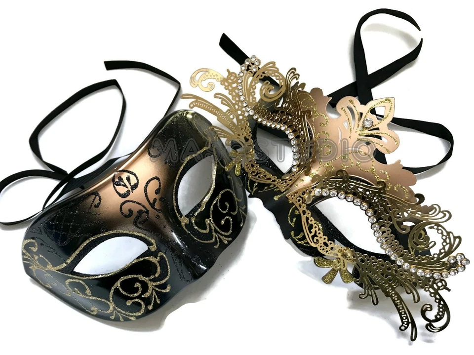 Black Gold Masquerade Ball Mask Pair Crystals Christmas New Year Cosplay Party - Image 2 of 3