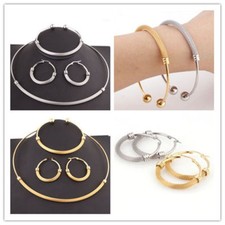 Womens Silver/Gold Color Stainless Steel Necklace Choker Bracelet Jewelry Set