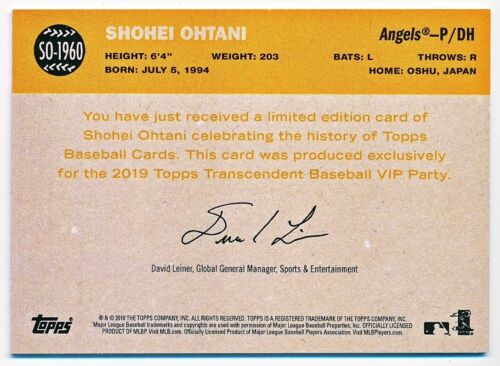 2019 Topps Transcendent Shohei Ohtani Through The Years Rc #SO-1960 (48/50) - Picture 2 of 2