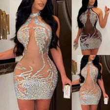 Sexy Womens Mesh See-through Bodycon Halter Mini Dress Party Night Club Clubwear
