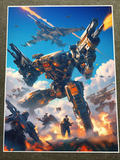 Futuristic Battle Scene with Giant Robots and Jets Poster 18x24in