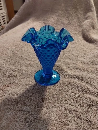 Vtg Fenton Art Glass Hobnail Miniature Crimp Vase Cobalt Colonial Blue 4in