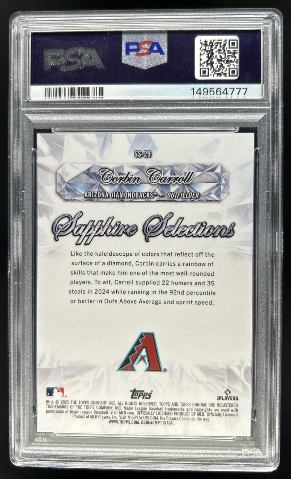 2025 Topps Chrome Sapphire Corbin Carroll Selections Red Refractor #/5 PSA 9 view 2
