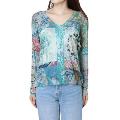 Desigual Damen Pullover Mehrfarbig Kaschmir Mischung V-Ausschnitt Gr. XL 20SWJF74