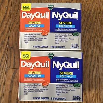 Lot Of 2 - Vicks DayQuil & NyQuil Severe Cold & Flu LiquiCaps 24 Ct - Exp 10/26