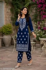 2 PCS Elegant Blue Floral Chikankari Kurta with Pant For Women Pure Cotton Gift