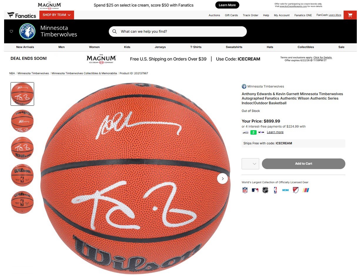Anthony Edwards & Kevin Garnett Autographed Signed Timberwolves Basketball