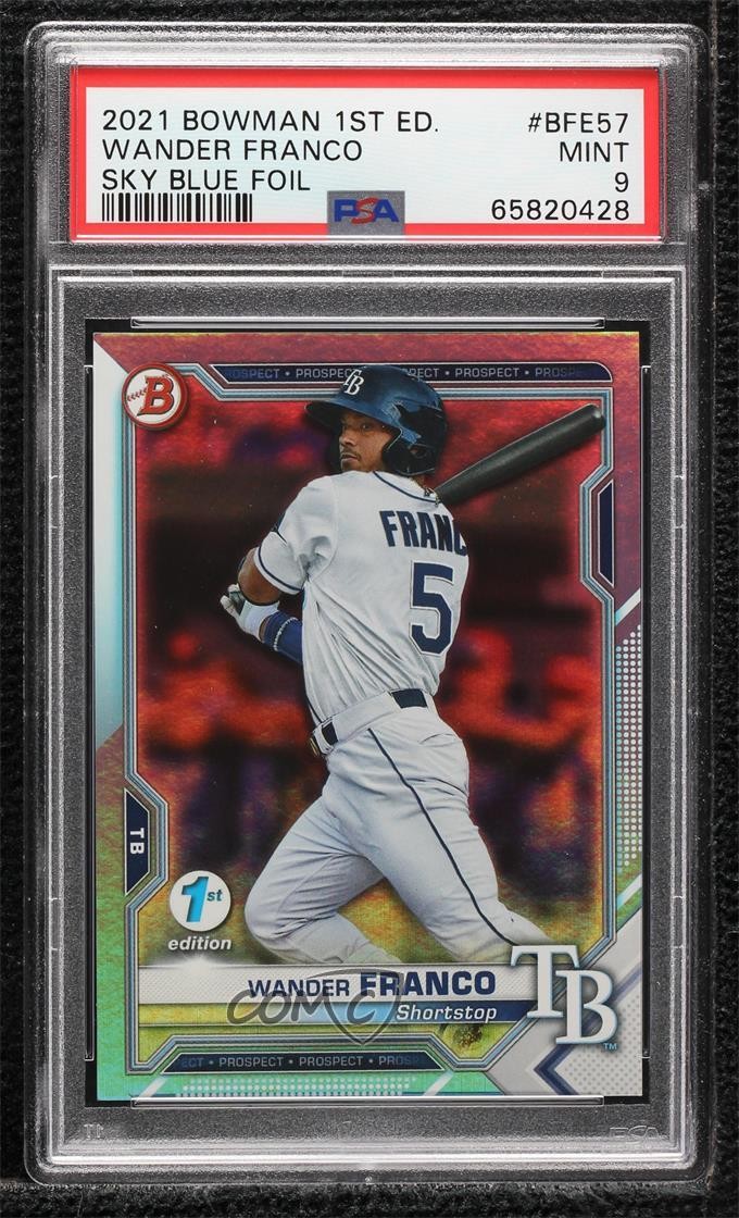 2021 Bowman 1st Edition Sky Blue Foil Wander Franco #BFE-57 PSA 9 MINT 02v3