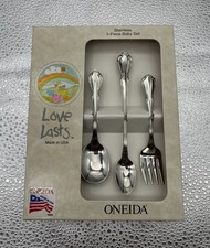 1990 New Vintage ONEIDA Stainless 3-Piece Baby Set LOVE LASTS Fork Spoons